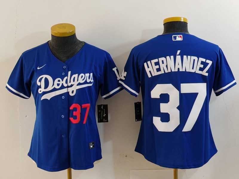 Womens Los Angeles Dodgers #37 Teoscar Hernandez Number Blue Cool Base Stitched Jersey